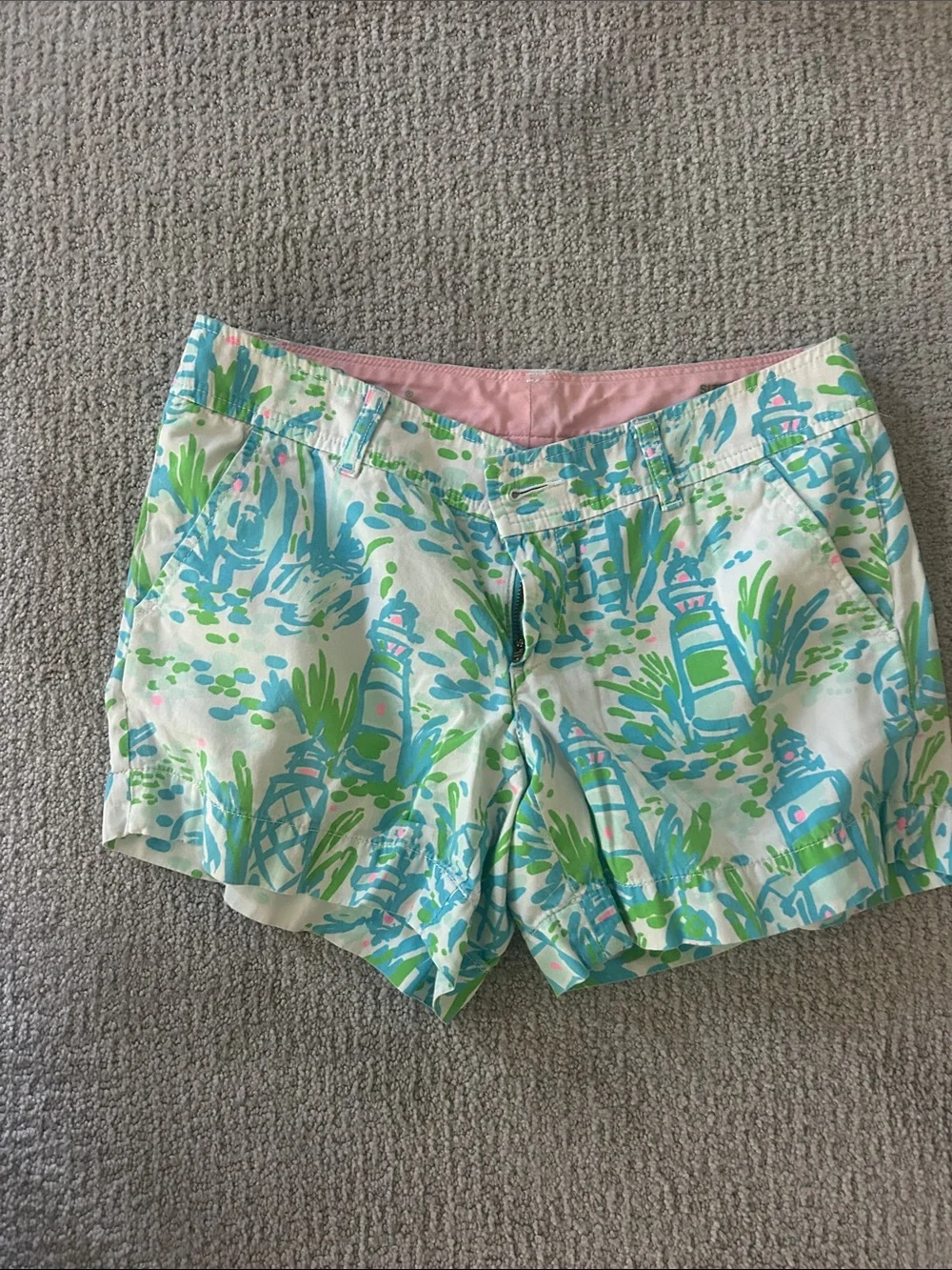 Lilly Pulitzer Aqua, Green & Pink Printed Cotton Bermuda Shorts