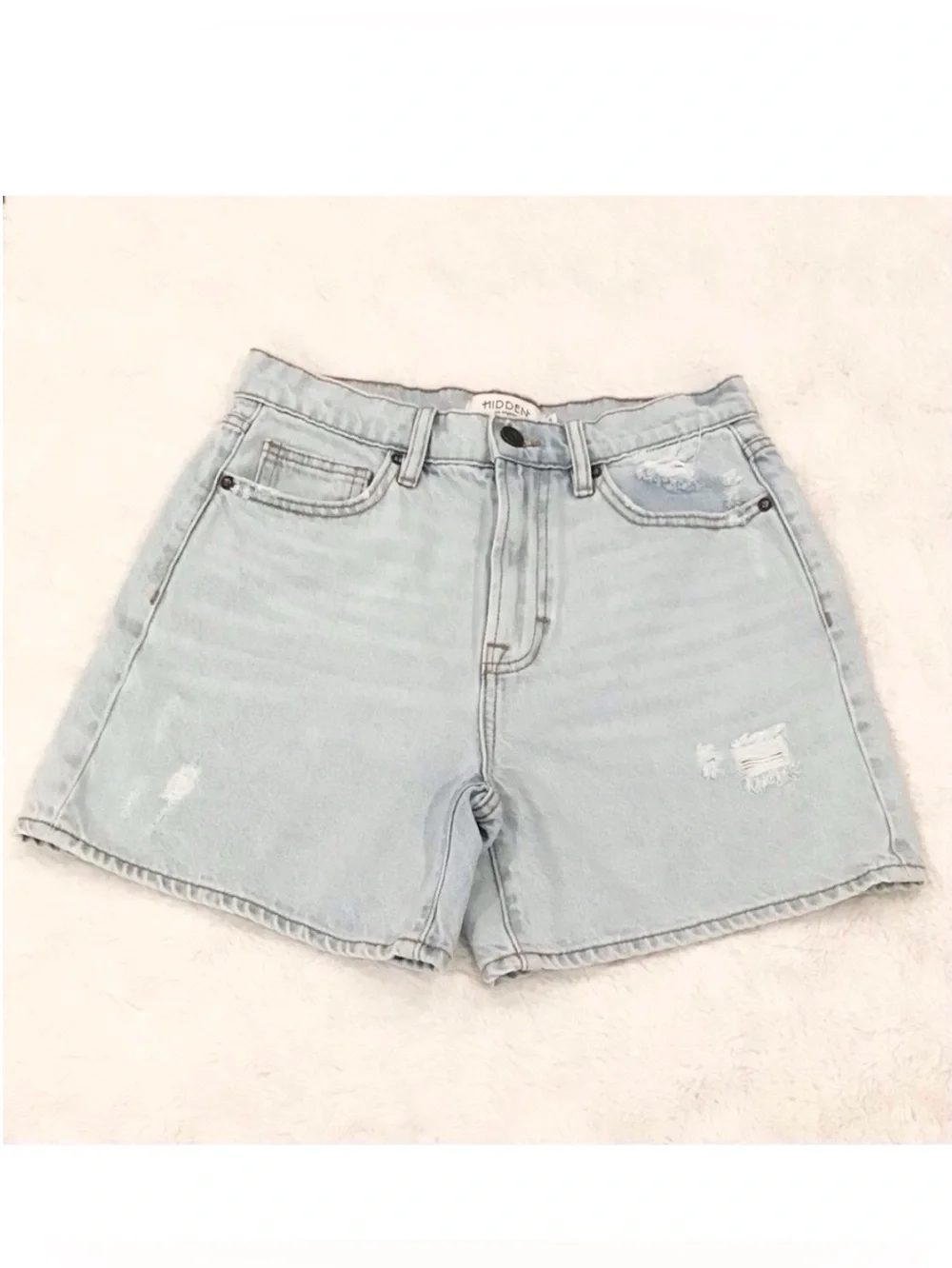 Hidden Small High Rise Women's Denim Shorts Distressed Light Wash HD4179M-LT