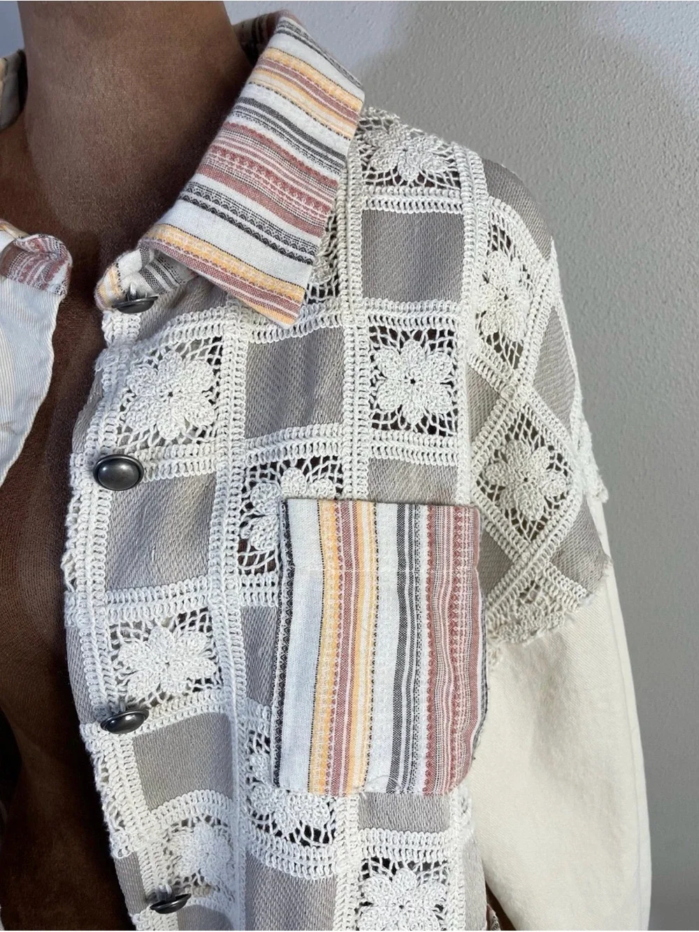 POL Patchwork Lace Trucker Jacket in Beige with Pastel Stripes