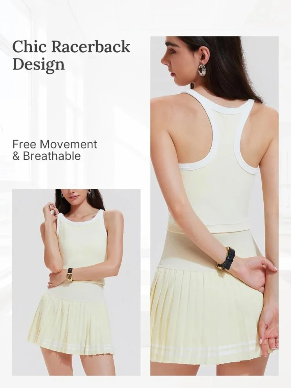 Women's Light Yellow 2 Piece Racer Back Tennis Skirt Tank Top Pull On Golf Dress