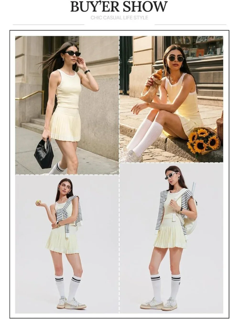 Women's Light Yellow 2 Piece Racer Back Tennis Skirt Tank Top Pull On Golf Dress