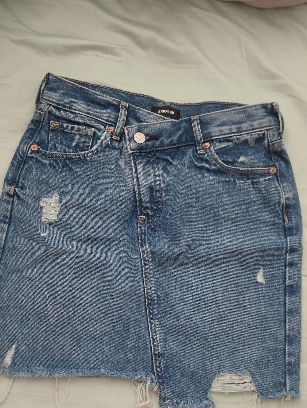 Express Women's Distressed Denim Skirt - Medium Blue