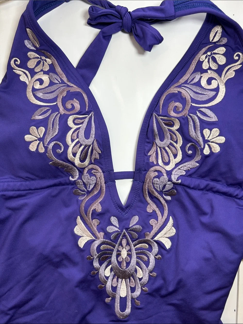 Beautiful Embroidery Accented Purple 1 Piece Swimsuit- Laundry By Shelli Segal
