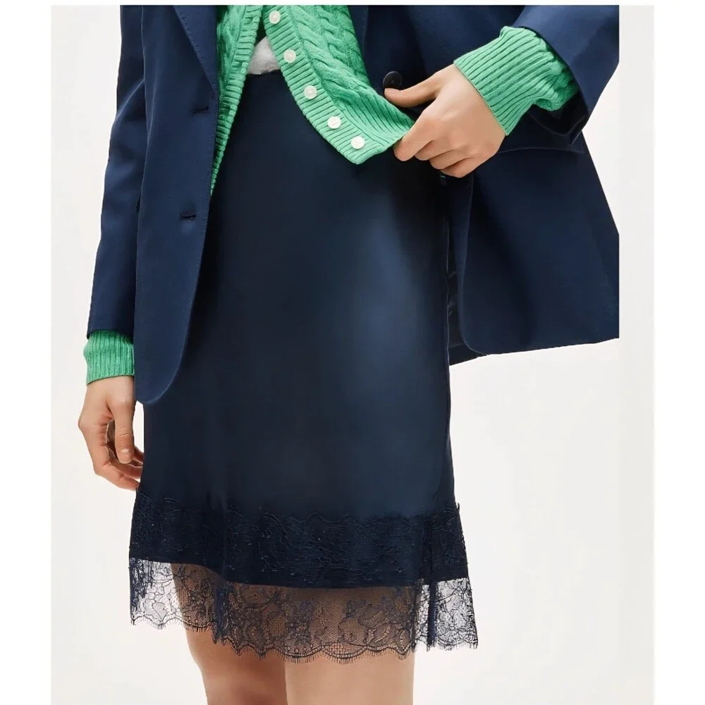 J.Crew Gwen Lace Trim Skirt In Luster Charmeuse Naby Blue CM729 $118 Size S NWT