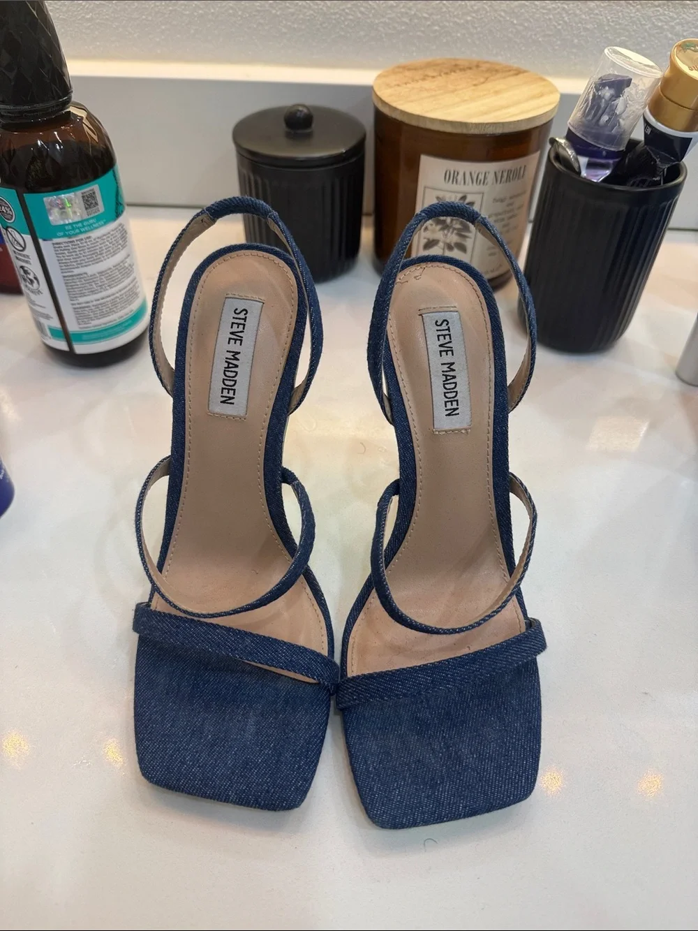 Steve Madden Denim Strappy Square-Toe Heeled Sandals - Navy