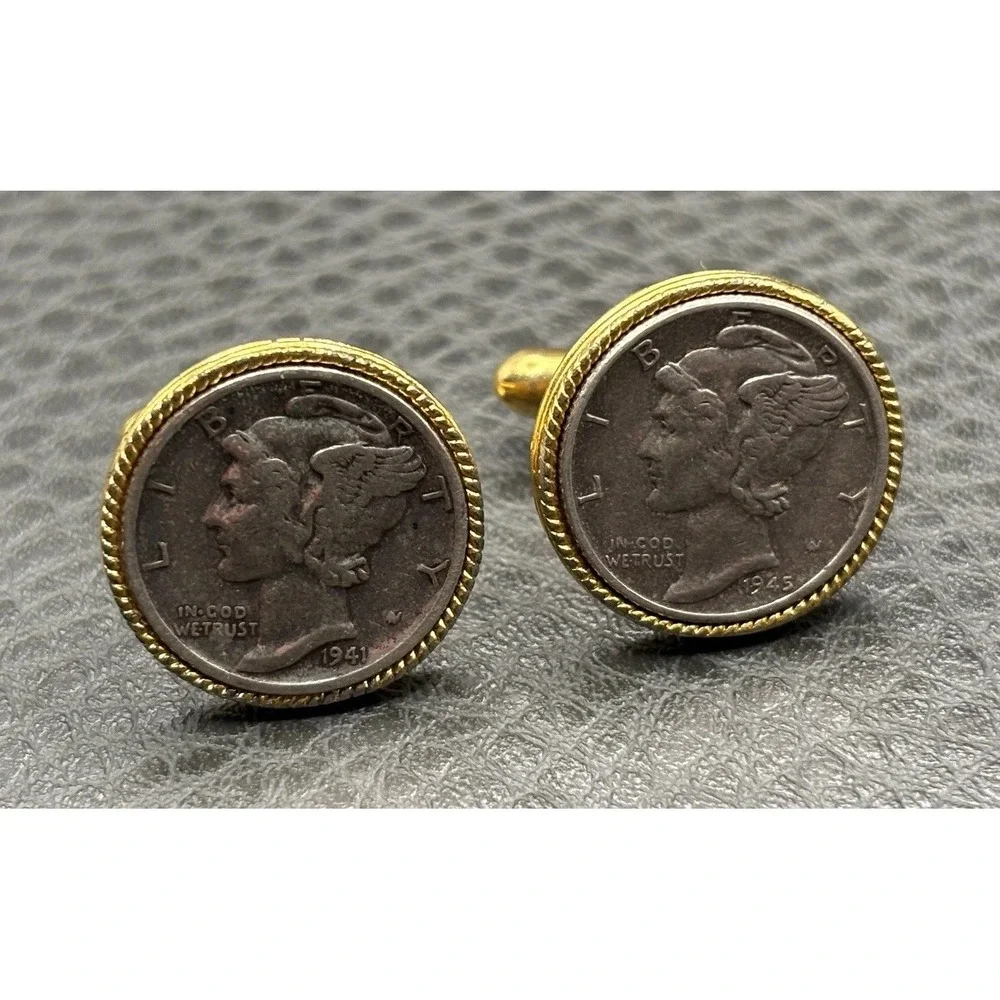 Vintage Mercury Dime Coin Silver Gold Tone Cufflinks 1941 1945