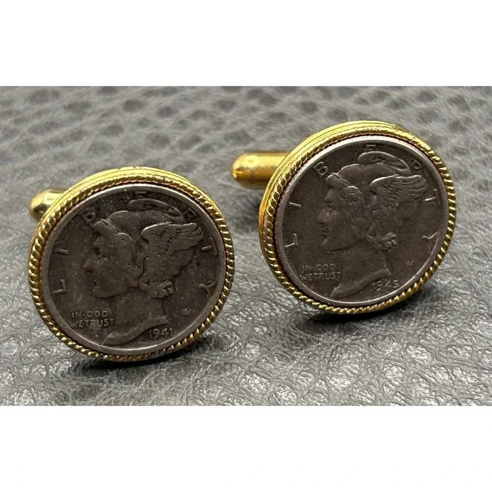 Vintage Mercury Dime Coin Silver Gold Tone Cufflinks 1941 1945