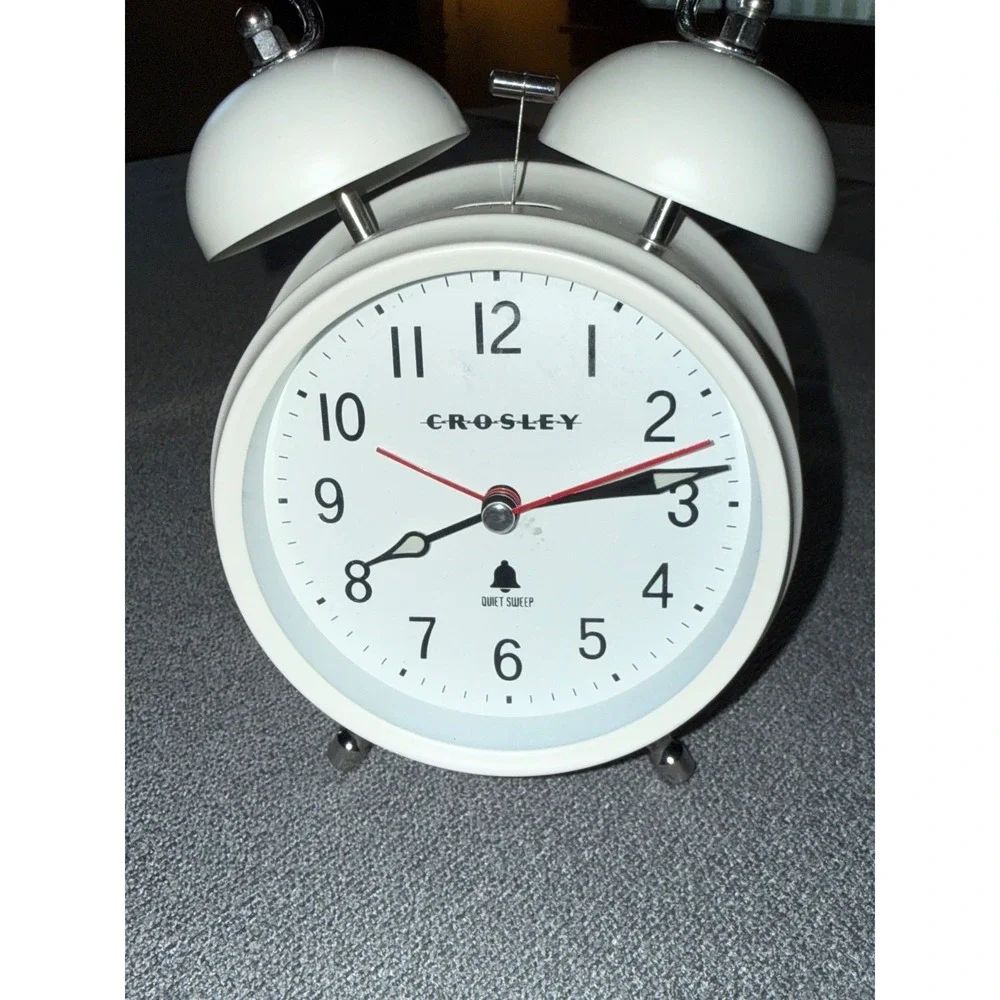 Crosley Vintage Style Twin Bell Alarm Clock White Quartz Quiet Sweep Metal Retro