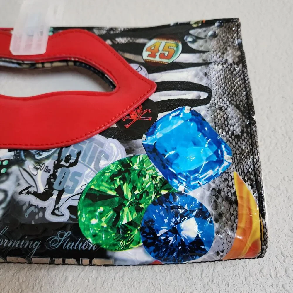 Y2K Pop Art Graffiti Collage Novelty Red Lip Clutch.