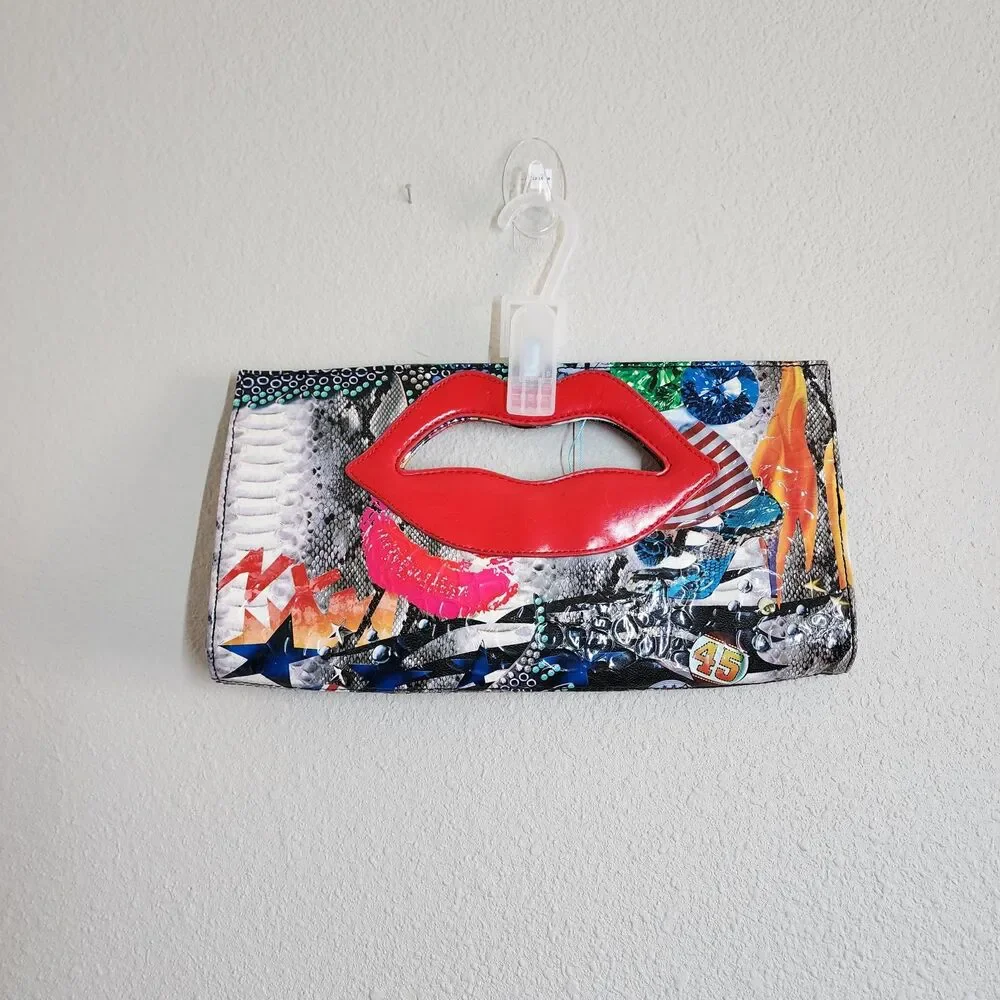 Y2K Pop Art Graffiti Collage Novelty Red Lip Clutch.