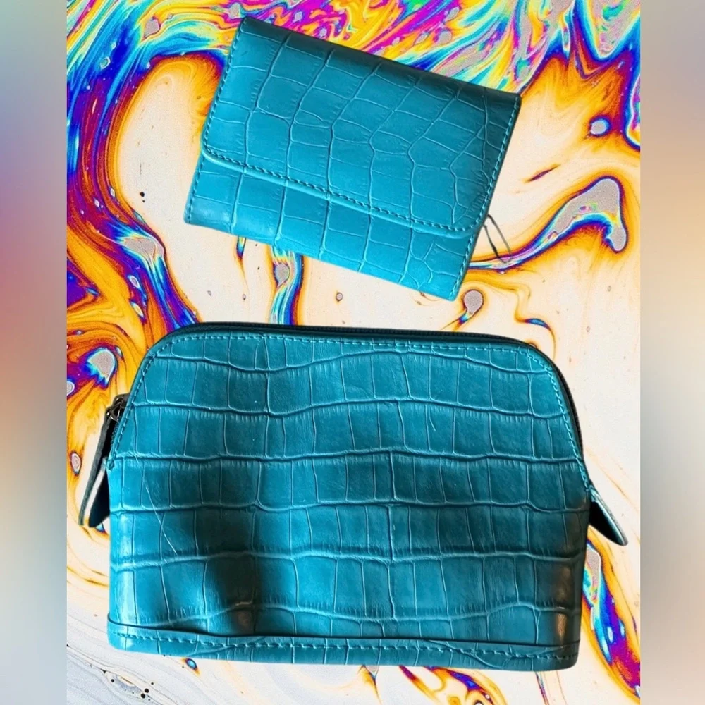 Bijoux Terner Turquoise Faux Croc Embossed Leather Cosmetic Bag & Wallet Set