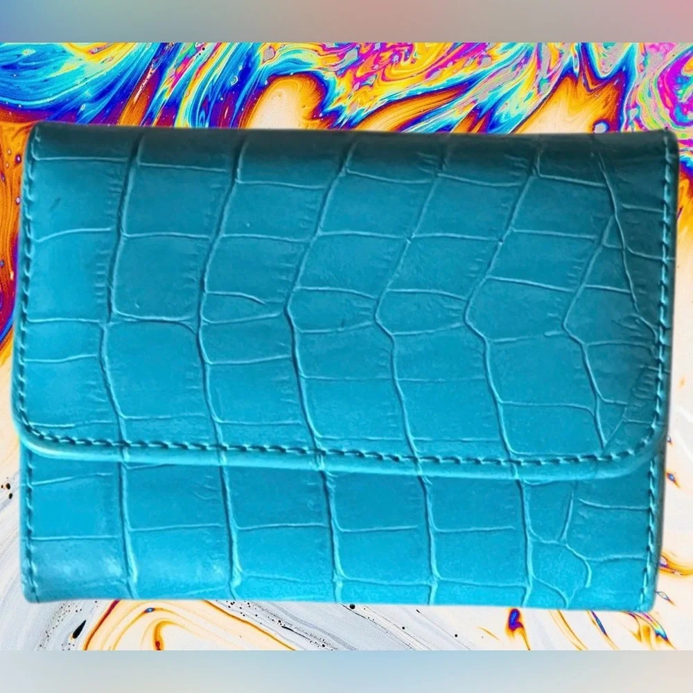 Bijoux Terner Turquoise Faux Croc Embossed Leather Cosmetic Bag & Wallet Set