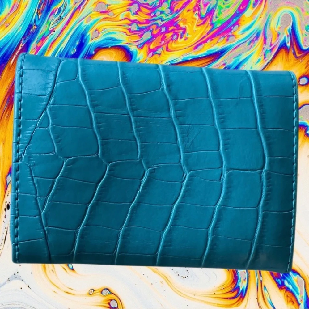 Bijoux Terner Turquoise Faux Croc Embossed Leather Cosmetic Bag & Wallet Set