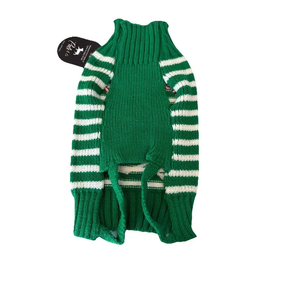 Puli & Co. Knitted Green/White Striped Santa Face Dog Sweater ~ XS~ NWT