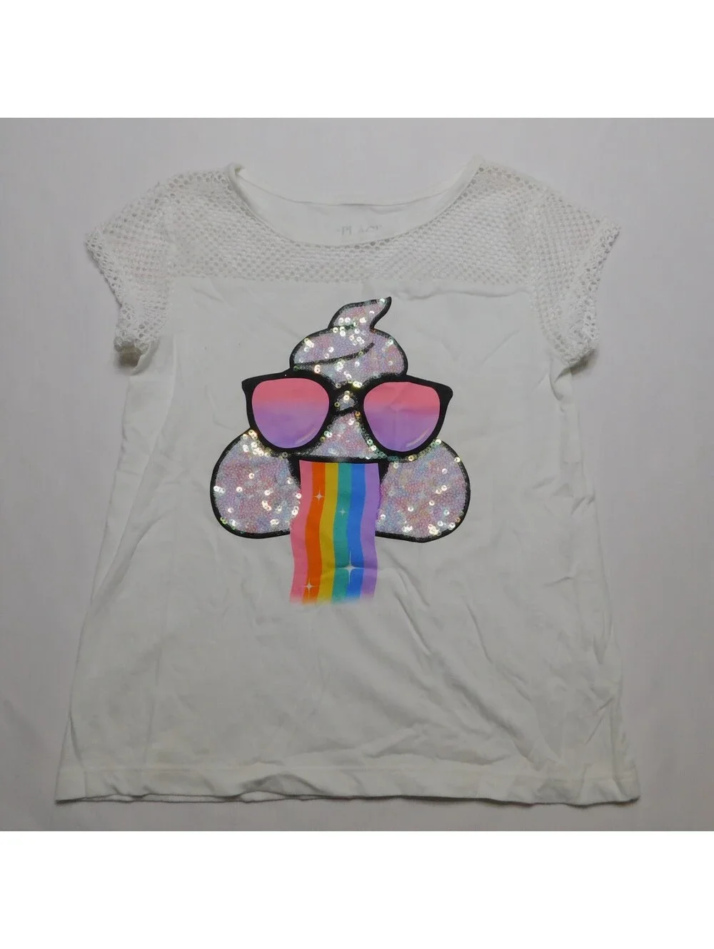 The Childrens Place Girls Shirt Medium 7/8 White Poop Emoji Sequin Rainbow Top