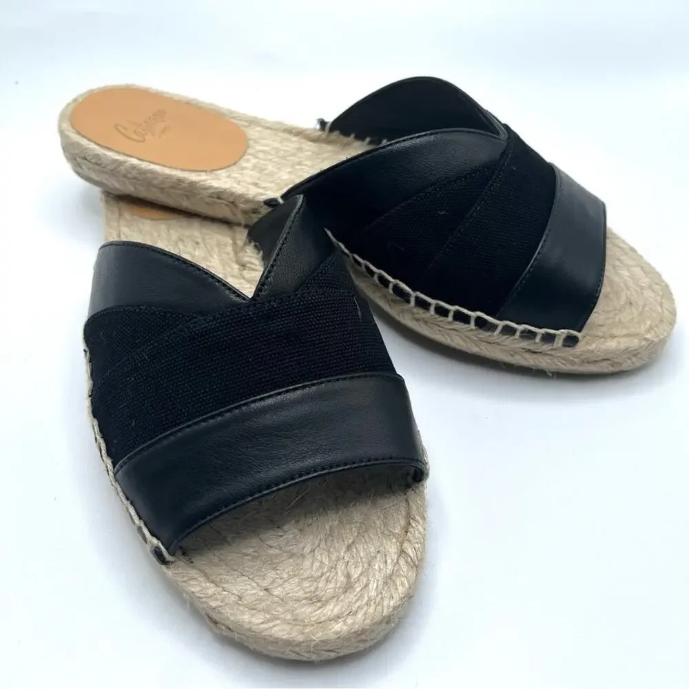 Castañer Pasi Black Leather Espadrille Slides Flat Sandals Size 5 Summer Chic
