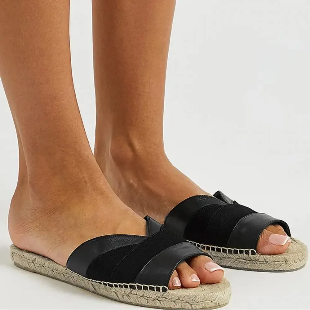 Castañer Pasi Black Leather Espadrille Slides Flat Sandals Size 5 Summer Chic
