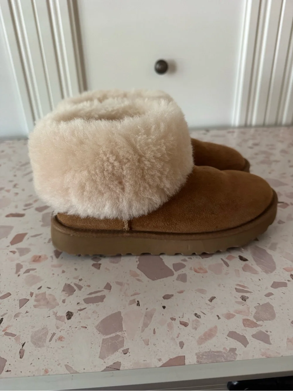 UGG Chestnut Suede Shearling Cuff Booties with Cream Collar
