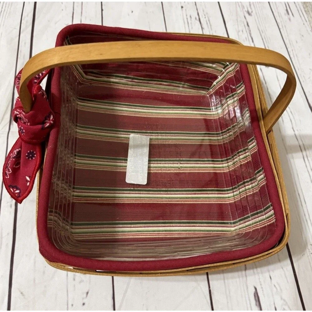 Longaberger Basket 2005 Red Striped Liner & Plastic Liner - 9” X 10.5” X 3.25”