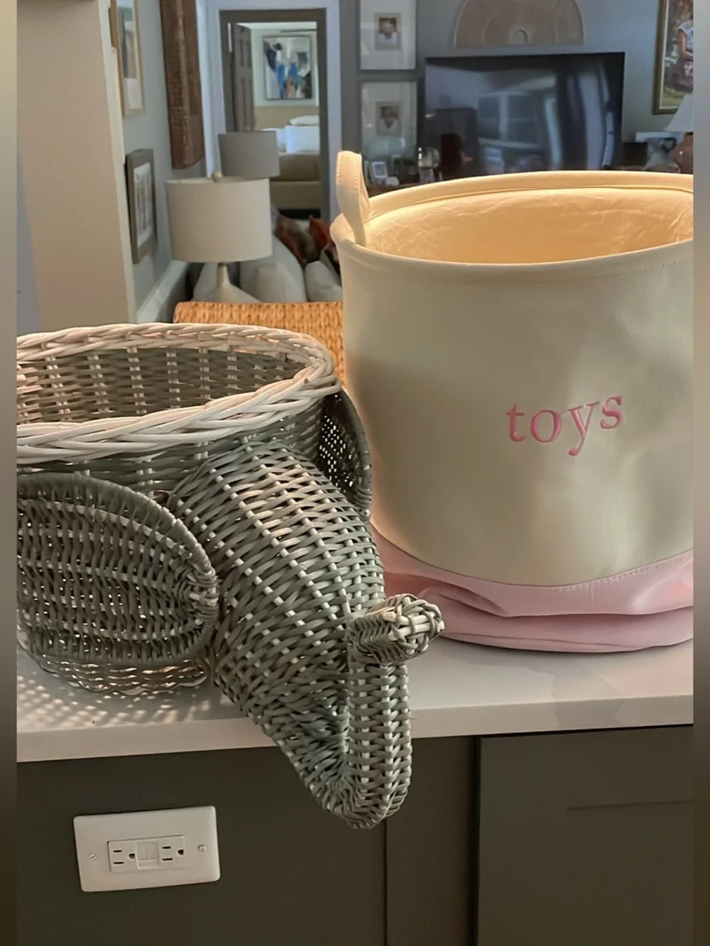 Pottery Barn Kids Wicker Elephant and Canvas Toy Storage Bin in Cream and Pink