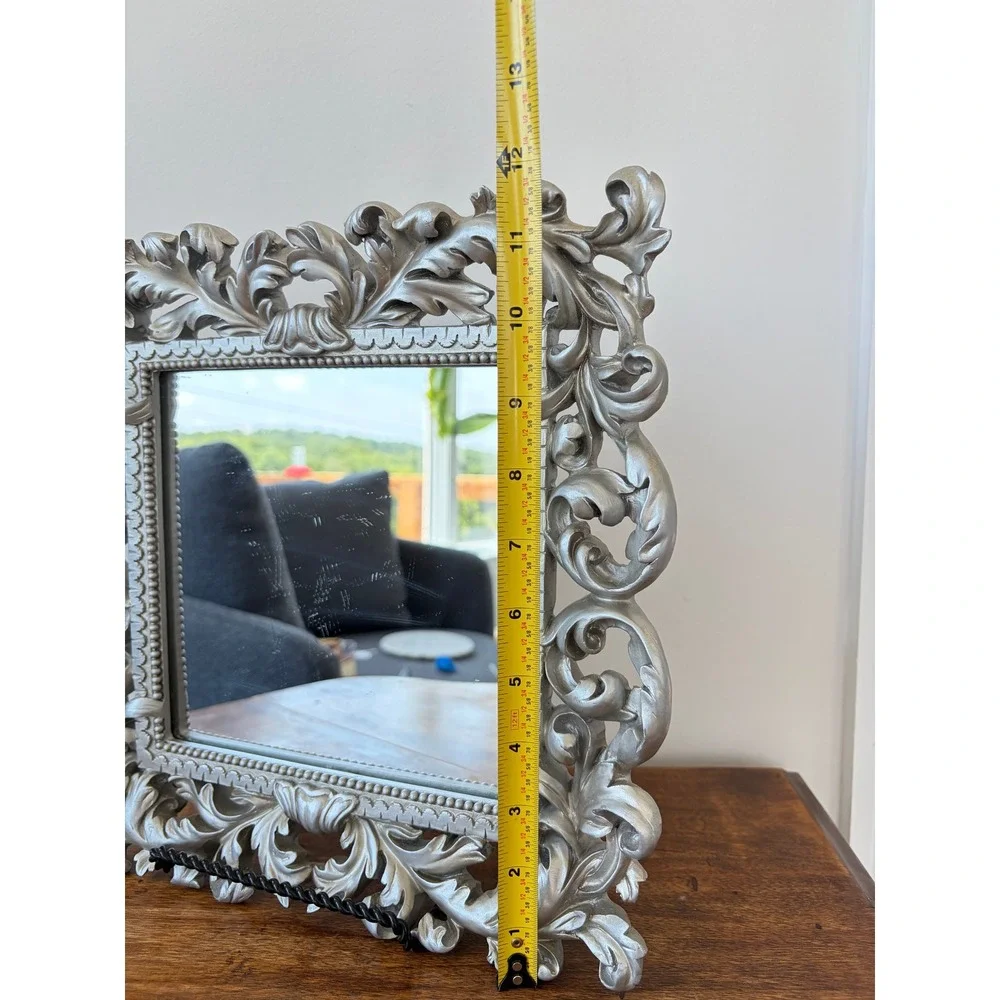 Ornate Silver Rococo Wall Mirror Square Baroque Scroll Frame Vintage Style 12x12