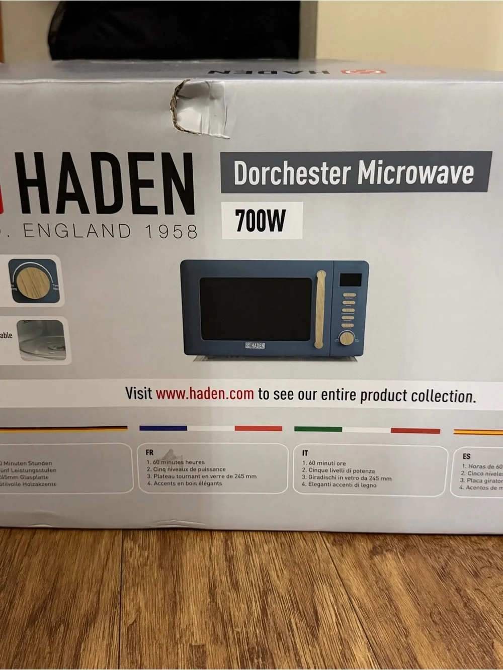 Hayden Dorchester Microwave in Matte Blue with Wood-Tone Accents