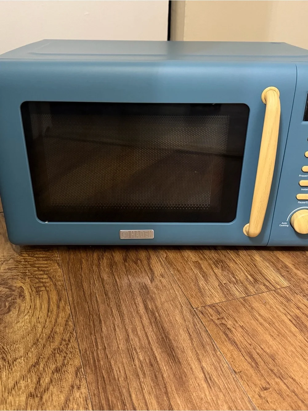 Hayden Dorchester Microwave in Matte Blue with Wood-Tone Accents