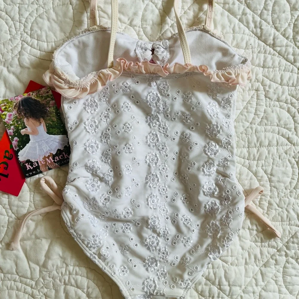 NWT Kate Mack Biscotti White Eyelet One-Piece Swimsuit with Pink Trim
