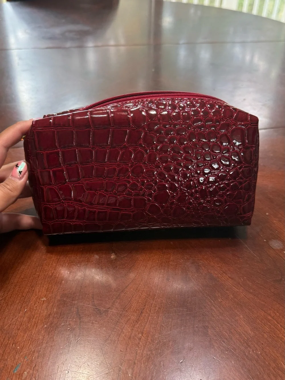 Croc-Embossed Burgundy Cosmetic Pouch