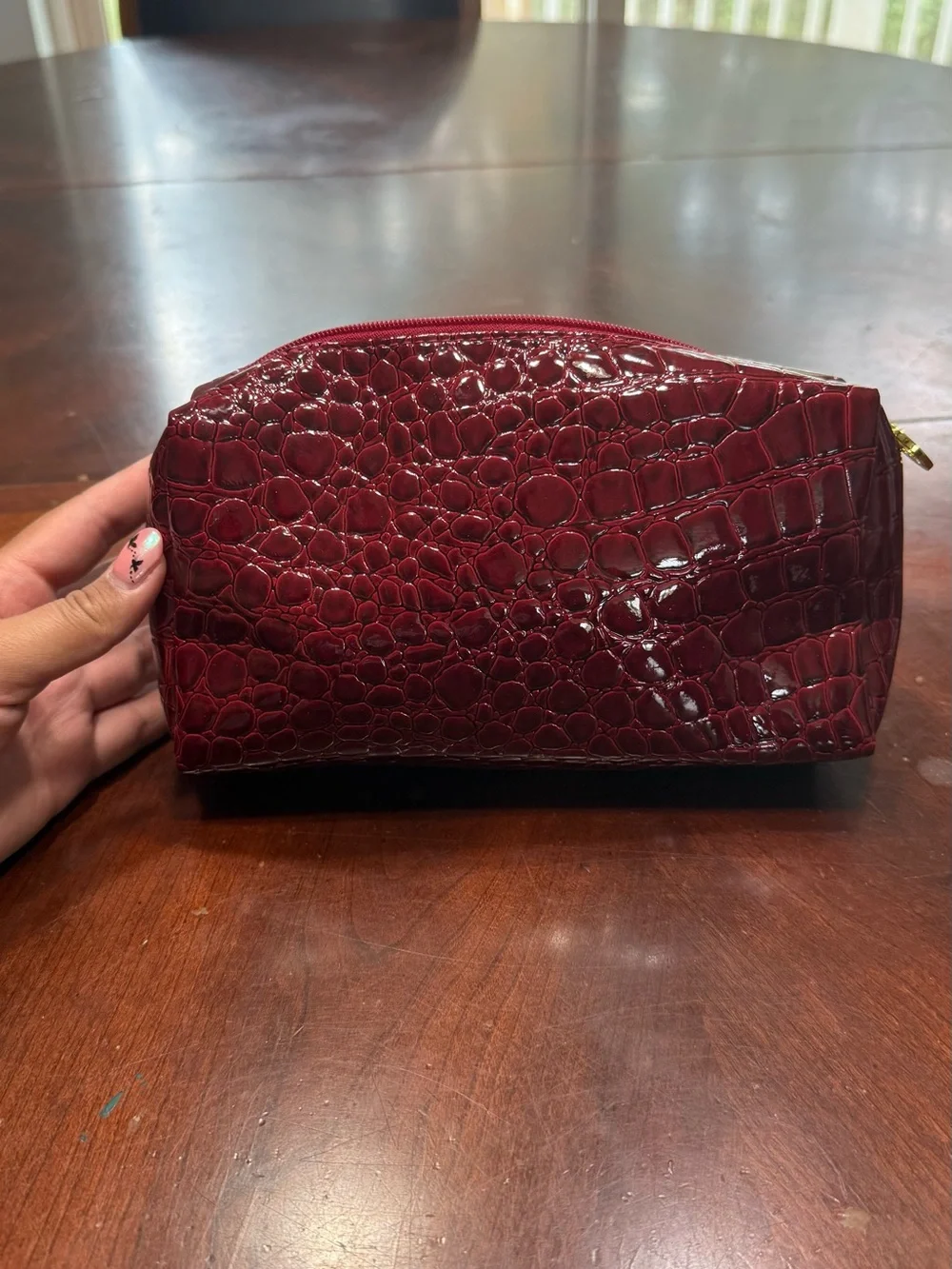 Croc-Embossed Burgundy Cosmetic Pouch