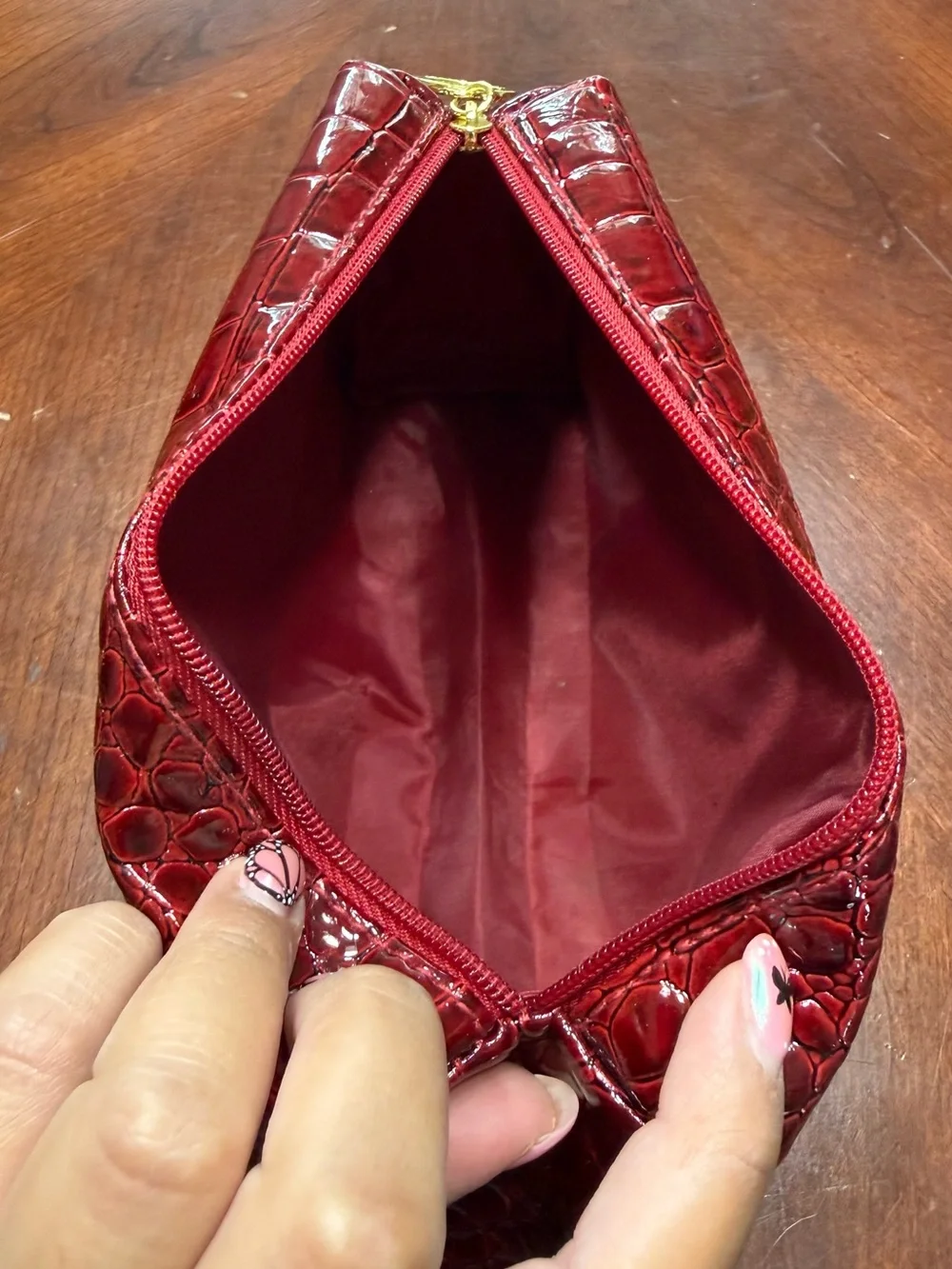 Croc-Embossed Burgundy Cosmetic Pouch
