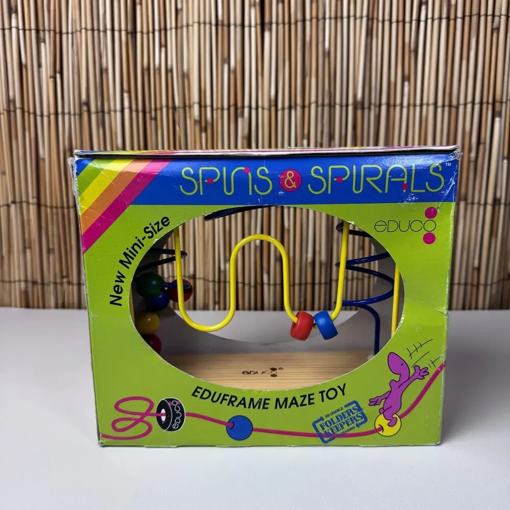 Vintage Educo Spins & Spirals Mini-Size Eduframe Wooden Bead Wire Maze Toy NIB