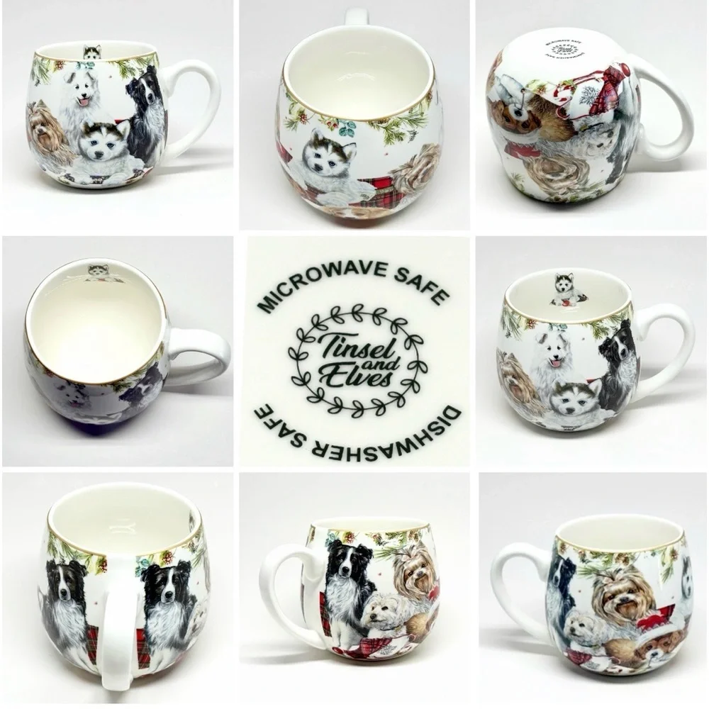 Tinsel & Elves Mug Christmas Coffee Tea Dogs Puppies Husky Yorkie New w/ Box 🐾🎄