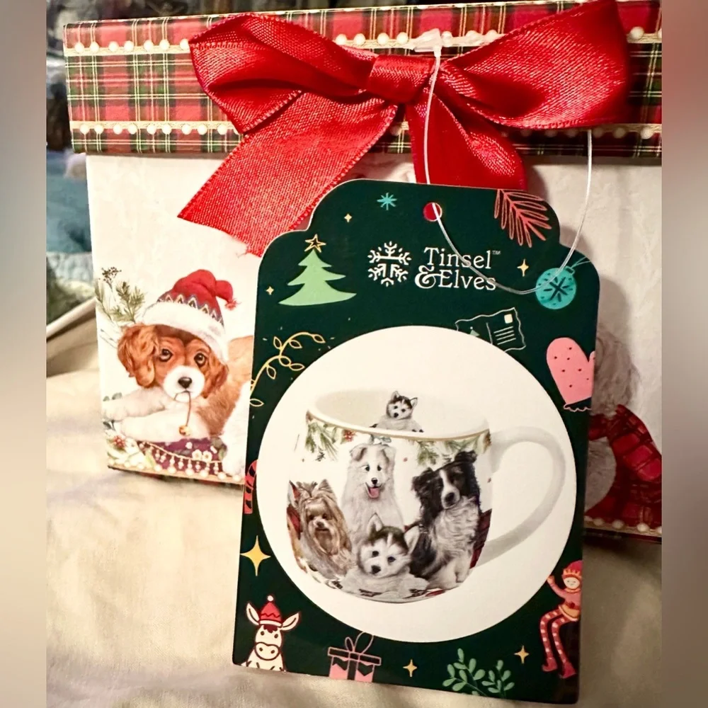 Tinsel & Elves Mug Christmas Coffee Tea Dogs Puppies Husky Yorkie New w/ Box 🐾🎄