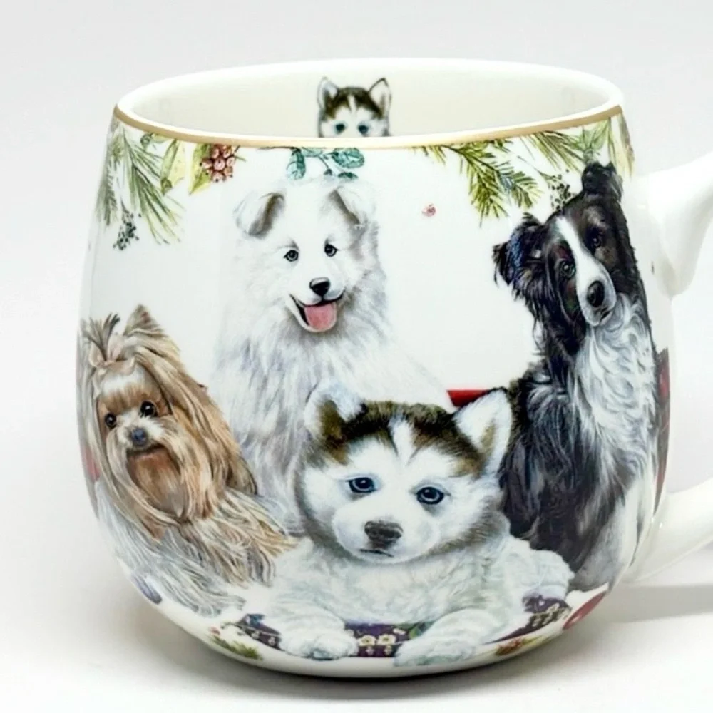 Tinsel & Elves Mug Christmas Coffee Tea Dogs Puppies Husky Yorkie New w/ Box 🐾🎄