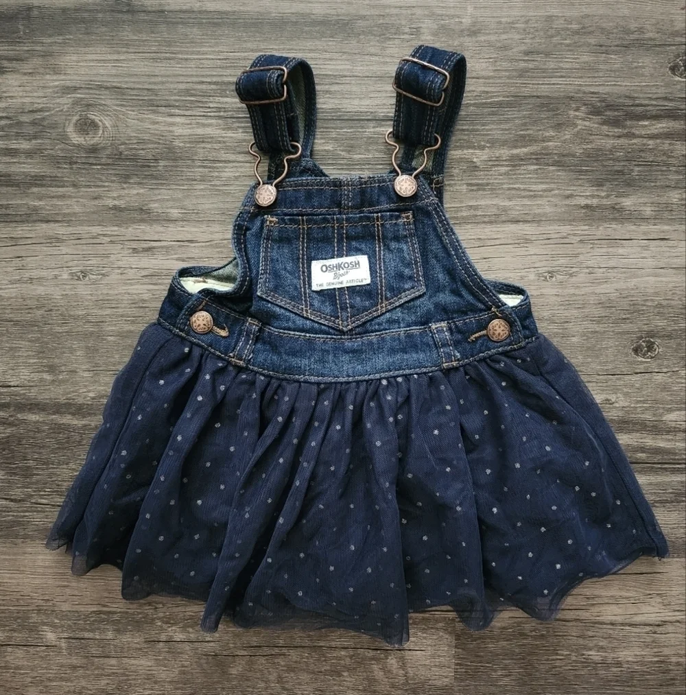 OshKosh B'gosh Navy Tulle Overalls Dress with Colorful Onesies