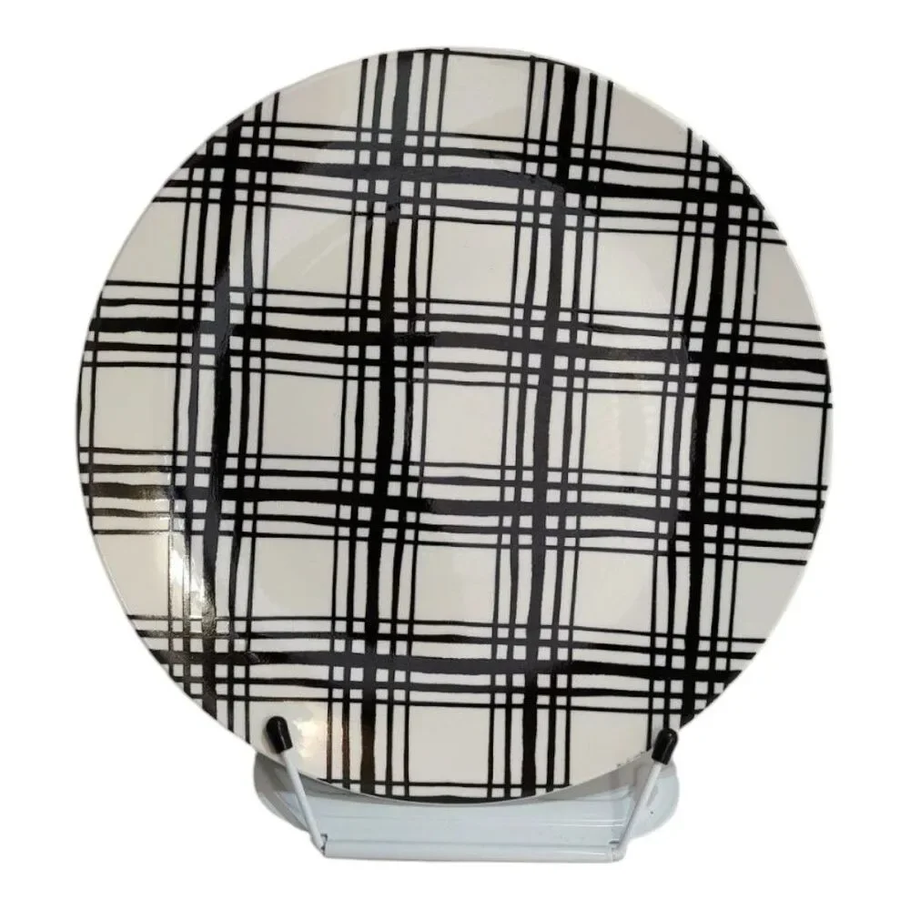 Old East Main Company Black White Plaid Dinner Plate Round Ceramic Two-Tone