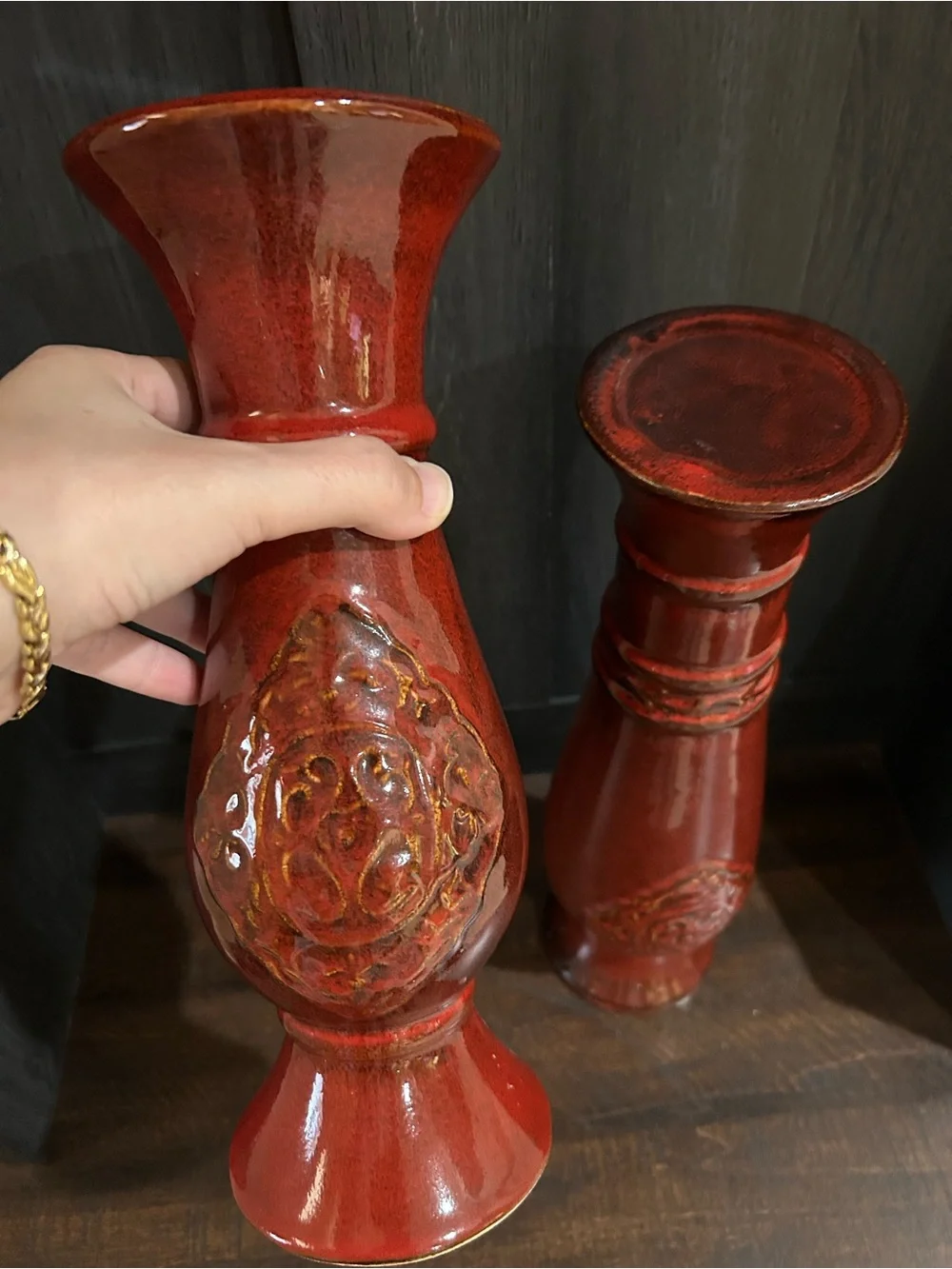 Othr Red Glazed Ceramic Decorative Vase Pair with Embossed Medallions
