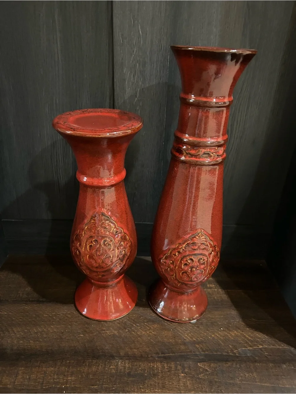 Othr Red Glazed Ceramic Decorative Vase Pair with Embossed Medallions