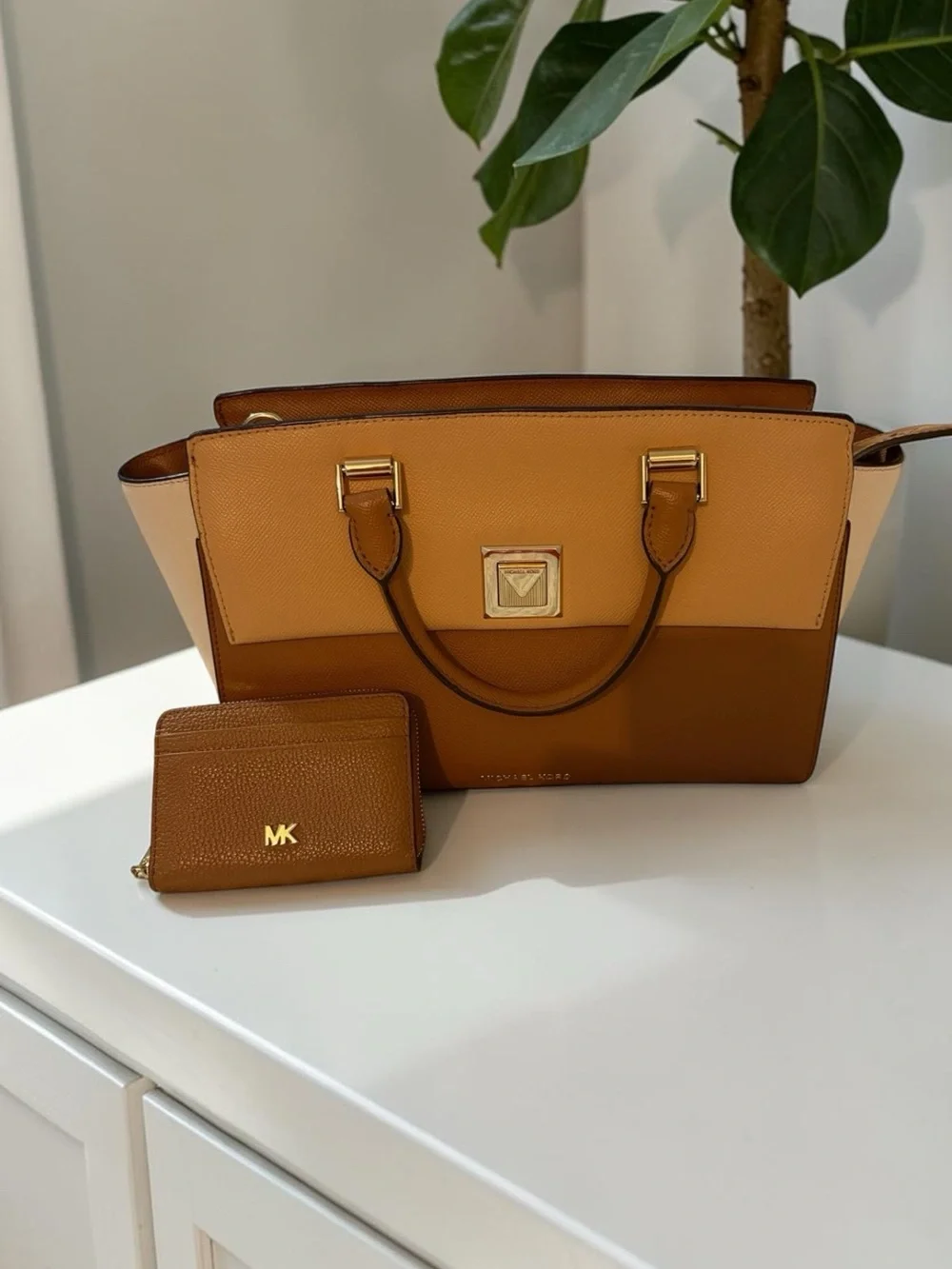 Michael Kors Two-Tone Brown and Tan Saffiano Leather Satchel with Card Case