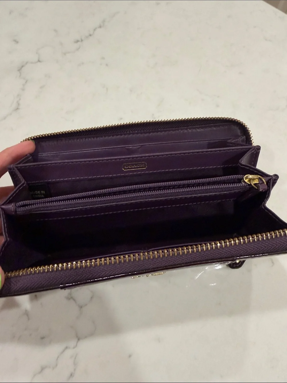 Coach Patent Leather Zip Wallet - purple with Gold shimmer