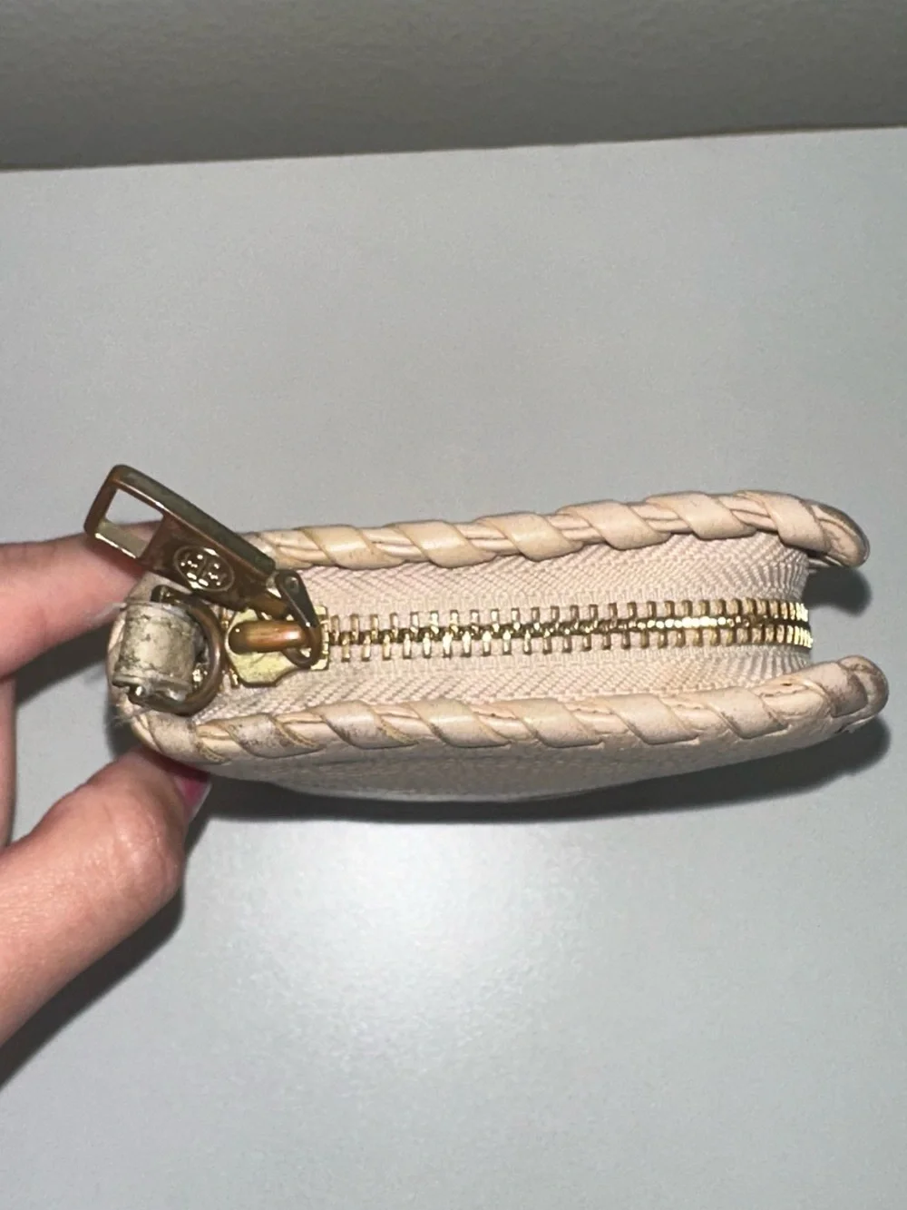 Tory Burch Blush Pebbled Leather Zip Wallet with Whipstitch Trim