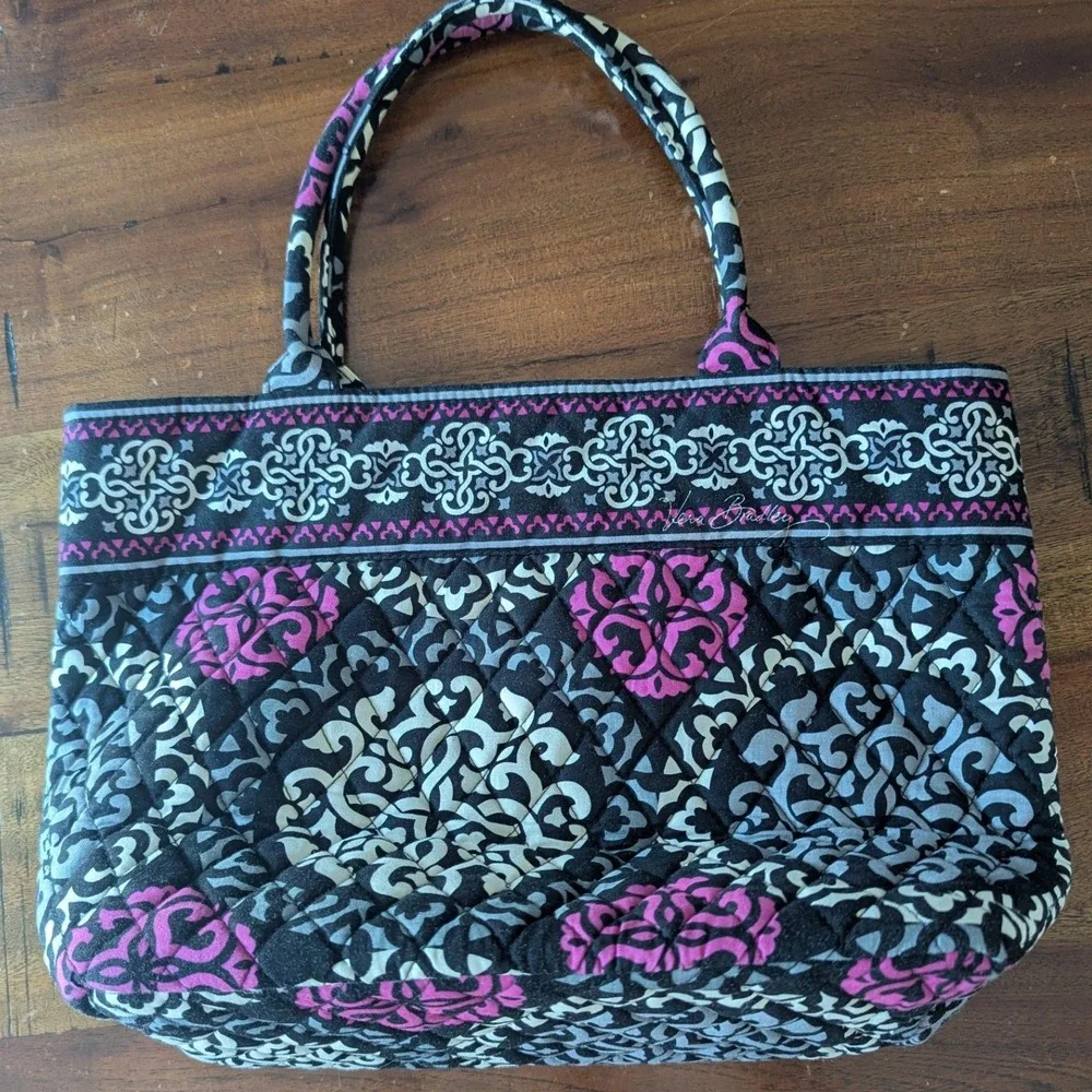 Vera Bradley Tote Shoulder Bag Black Magenta Retired Canterberry Quilted Cotton
