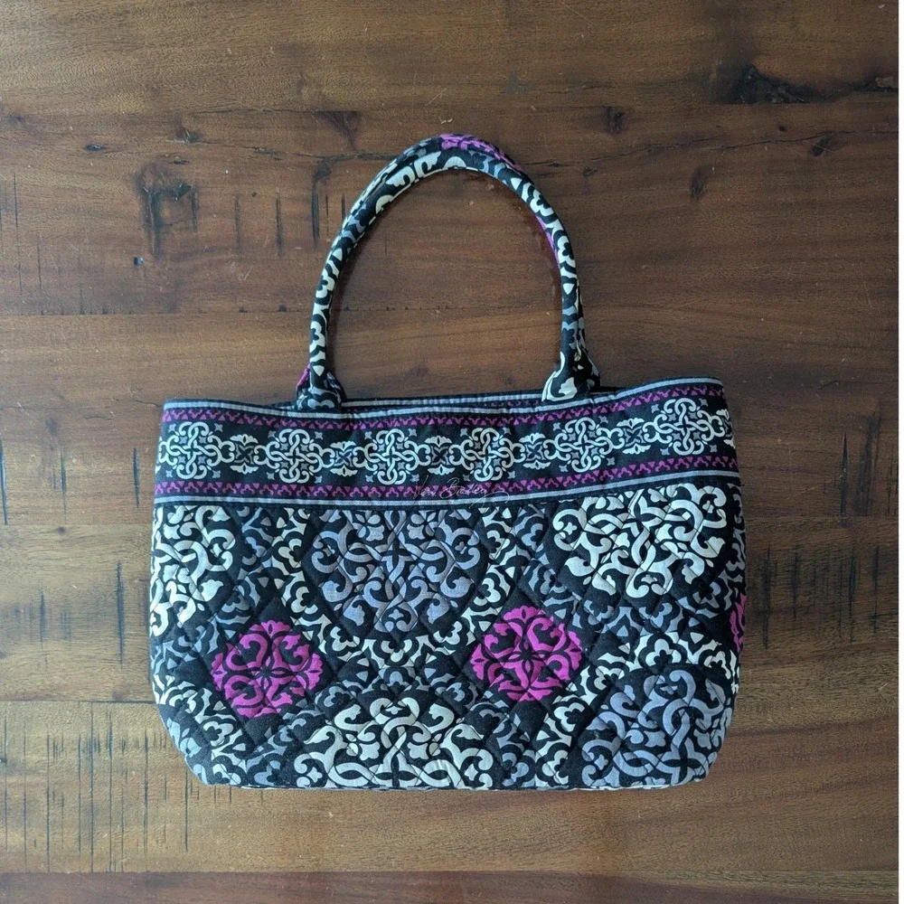 Vera Bradley Tote Shoulder Bag Black Magenta Retired Canterberry Quilted Cotton