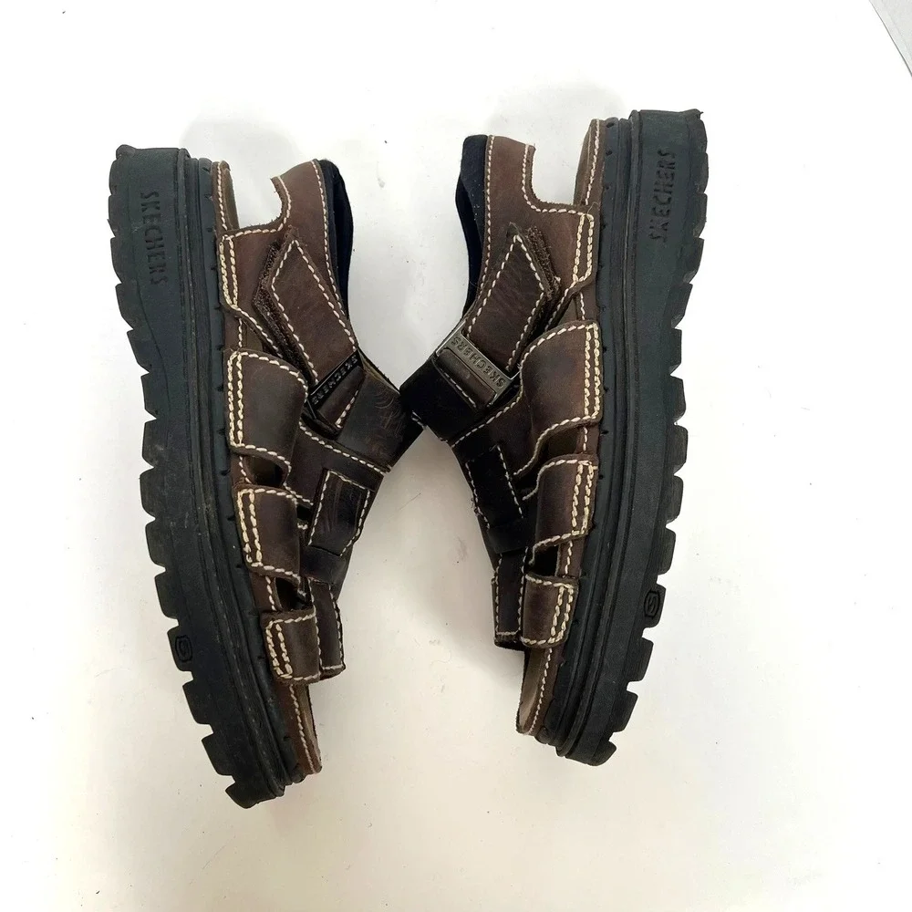 Y2K Skechers Mens Brown Leather Fisherman Sandals Platform Lug Sole sz 9 Chunky