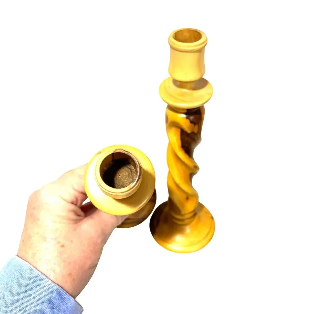 Carved wood candle stick holders barley twist woodgrain PAIR blond & brown