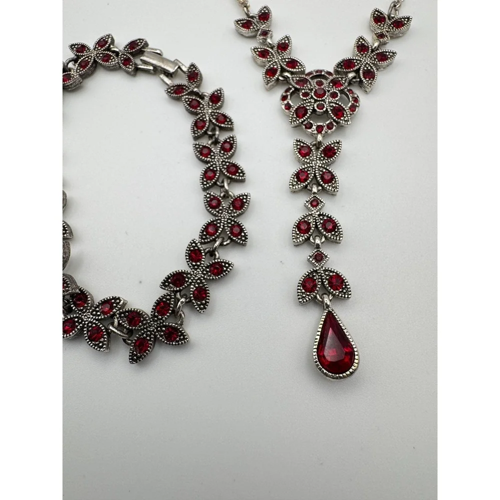 Vintage Napier Necklace Bracelet Set Red Rhinestone  Silver Tone Floral Signed