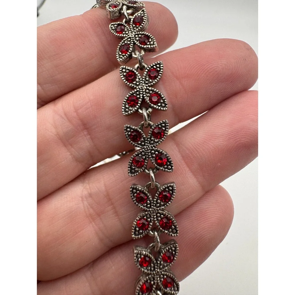 Vintage Napier Necklace Bracelet Set Red Rhinestone  Silver Tone Floral Signed