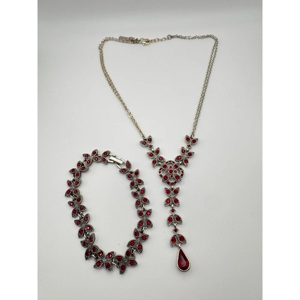Vintage Napier Necklace Bracelet Set Red Rhinestone  Silver Tone Floral Signed