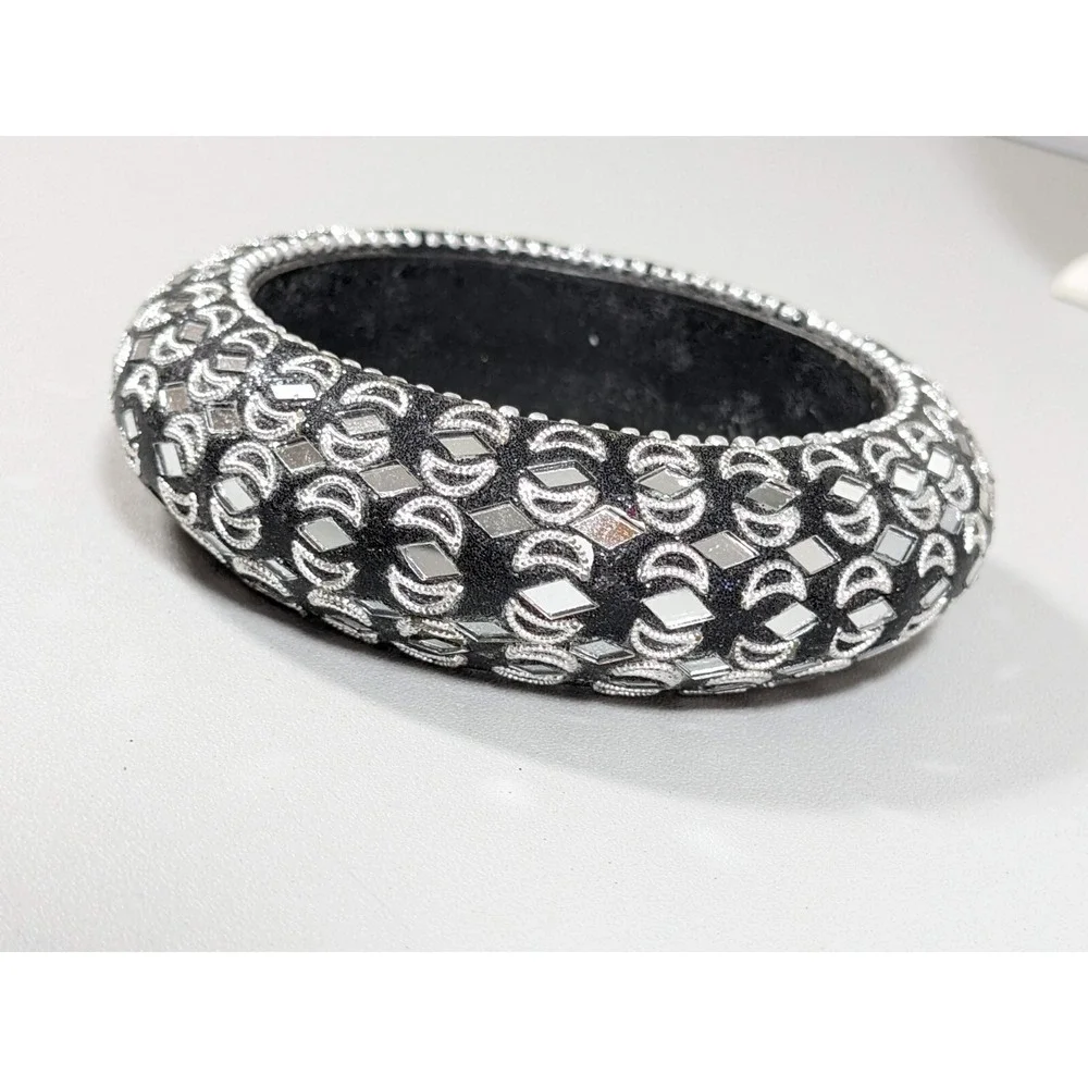 Black Silver‎ Tone mirror Crescent Moon Inlay Bangle Bracelet 8 inches